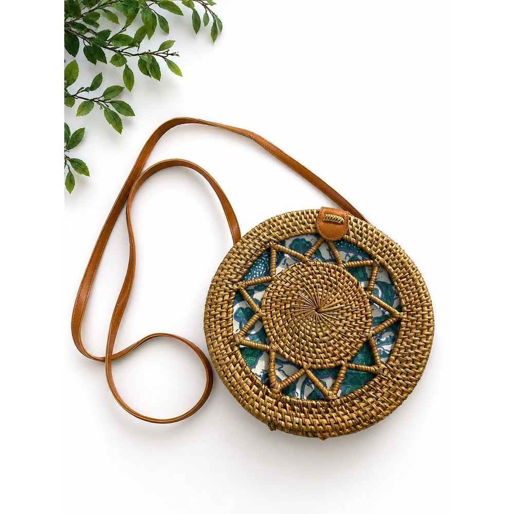 Round Woven Rattan Crossbody Bag Boho Straw Purse Bali-Inspired Summer Purse